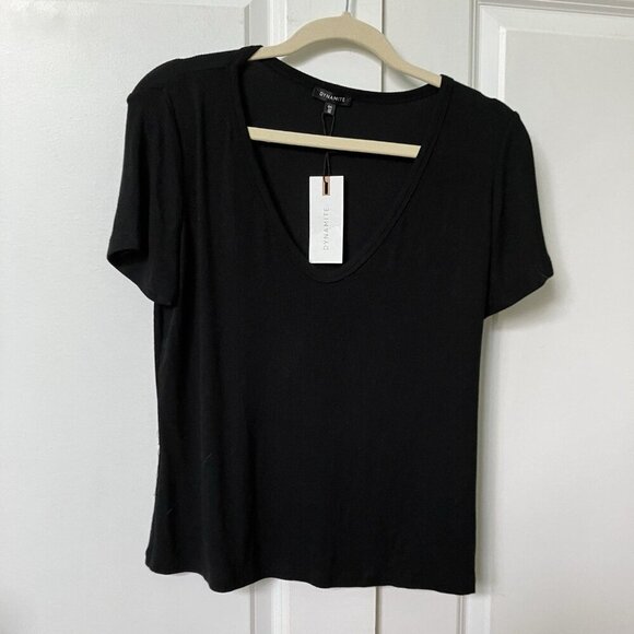 NWT Dynamite T-shirt Womens L Emma Scoop Neck Loose Fit Rib Tee Black - Picture 2 of 8